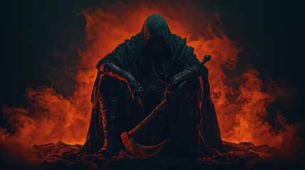 Mysterious cloaked figure wielding a scythe, surrounded by fiery smoke in a dramatic setting