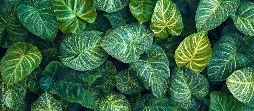 Poster lush green tropical leaves background with varying shades of green and intricate patterns copy space
