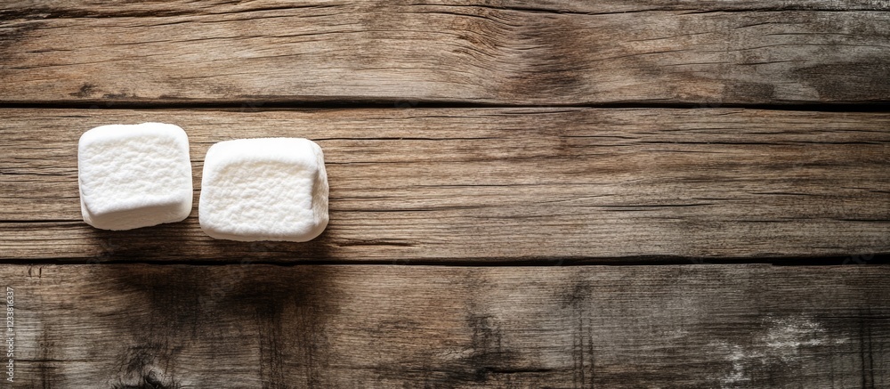 Aufkleber Marshmallows on rustic wooden surface with copy space for text or product placement