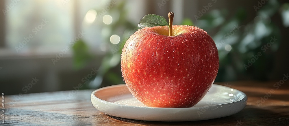Poster Red apple on a white plate with droplets of water on surface, set against a softly lit background with copy space.