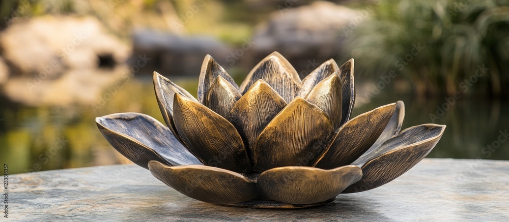 Poster bronze lotus flower sculpture on a textured surface with a natural background and soft focus copy sp
