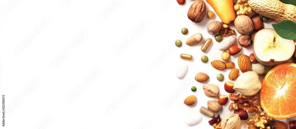 Poster mixed nuts and fresh fruits scattered on white background with copy space for text. healthy snacks a