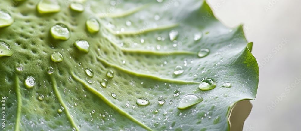 Aufkleber close-up of a green lotus leaf with water droplets and textured surface, with soft background and co