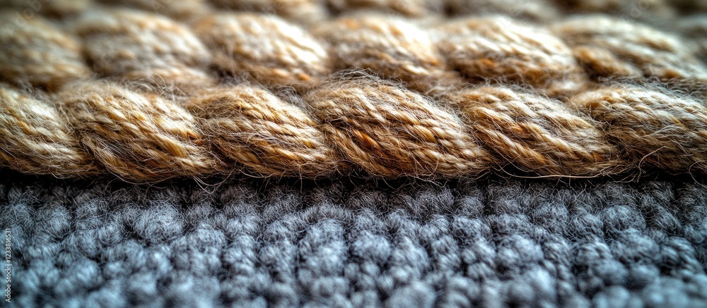 Aufkleber close-up of textured natural rope intertwined with gray fabric background and copy space for text pl