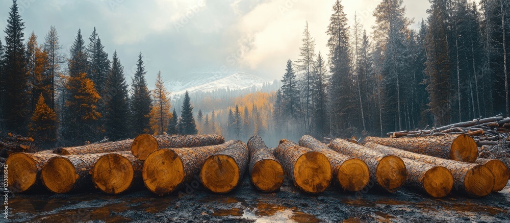 Poster Logs stacked in a forest clearing with mountain backdrop and autumn foliage under a cloudy sky Copy Space