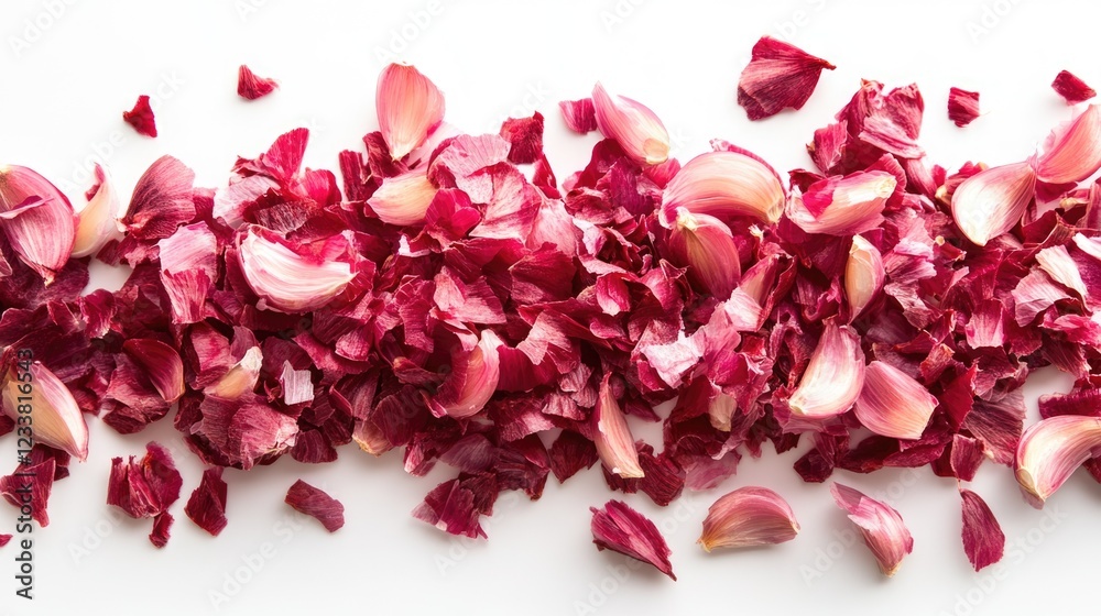 Poster red rose petal petals scattered on white background with copy space for text design.