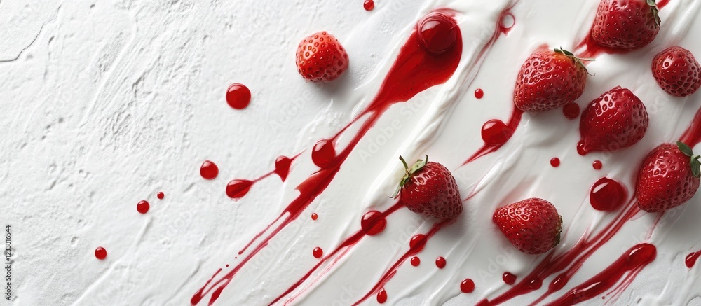Poster Fresh strawberries with strawberry sauce and splatters on white background with copy space for text.