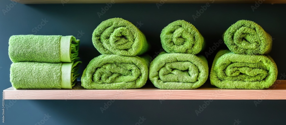 Poster rolled green towels neatly arranged on wooden shelf against dark background with copy space