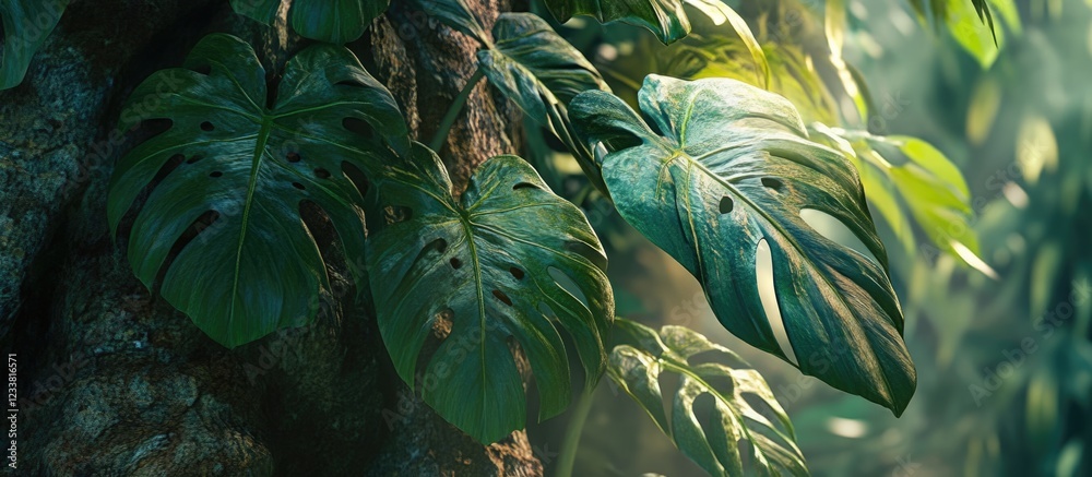 Poster lush green monstera leaf close-up with sunlight filtering through foliage and copy space for text pl