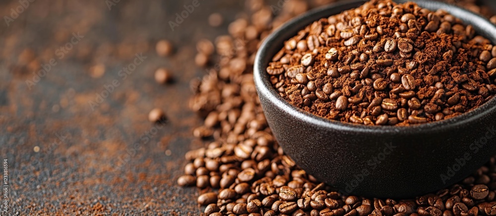 Poster close-up of roasted coffee beans in a small black bowl on a rustic wooden surface with copy space fo
