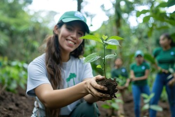 Fototapeta premium Photo of hispanic volunteer planting vegetation gardening.