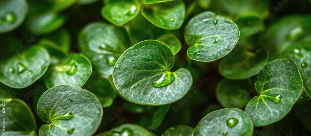 Poster green leaves with water droplets close-up texture on foliage with copy space for text placement