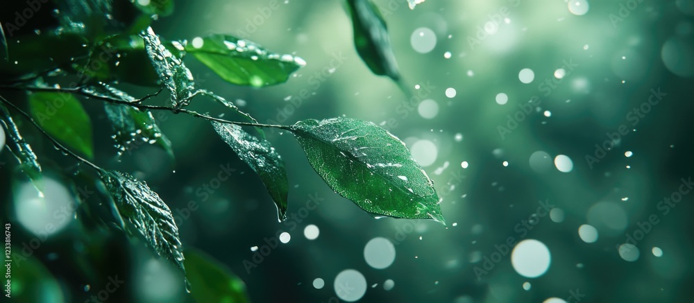 Poster close-up of green leaves with raindrops against a blurred background of bokeh lights and soft focus 