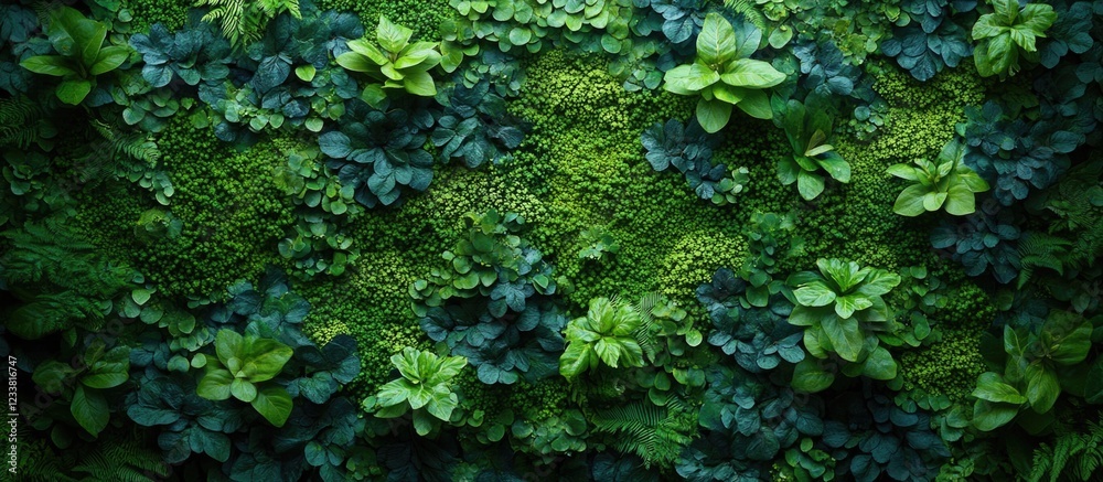 Poster green foliage background with diverse plant leaves on textured surface and ample copy space for text