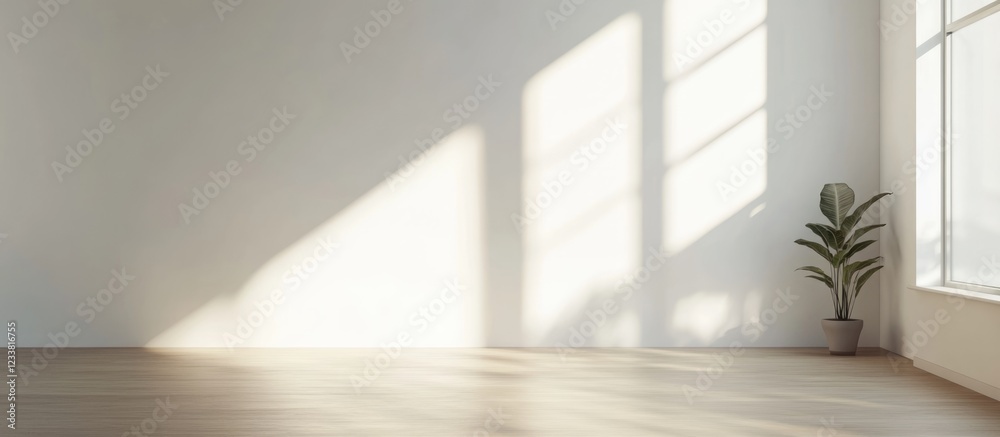 Poster empty minimalistic interior space with natural light and shadows, featuring a plant in the corner, s