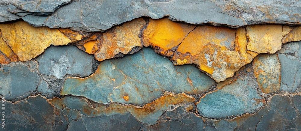 Poster natural textured stone surface with layers of blue, gray, and orange slate rocks ideal for backgroun