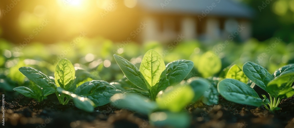 Poster Close-up of green leafy vegetables in garden soil with sunlight filtering through in soft focus Copy Space