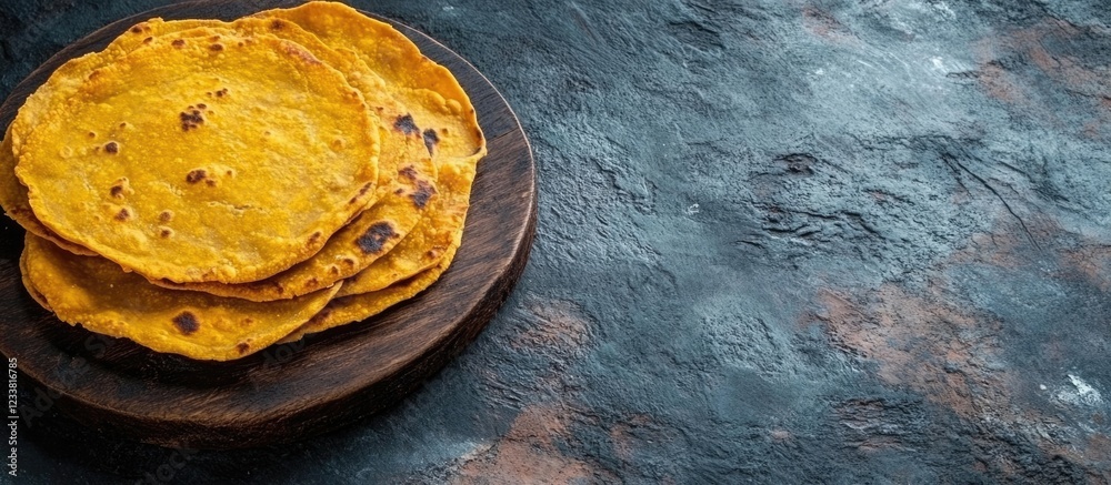 Poster golden brown traditional flatbreads stacked on a dark wooden plate with textured dark background and