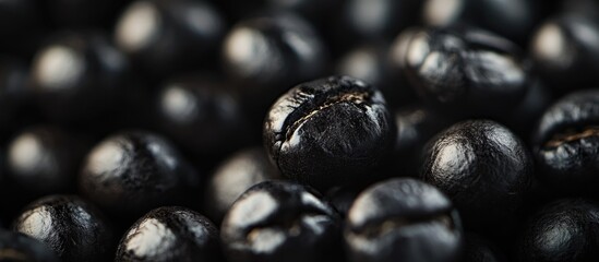 Obraz premium Close-up of roasted coffee beans on dark background with rich texture and natural shine Copy Space