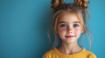 Fototapeta premium A young girl with blue eyes and playful hairstyle against a blue background.
