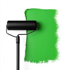 Obraz premium A black paint roller is positioned next to a vibrant green paint stroke on a white background.