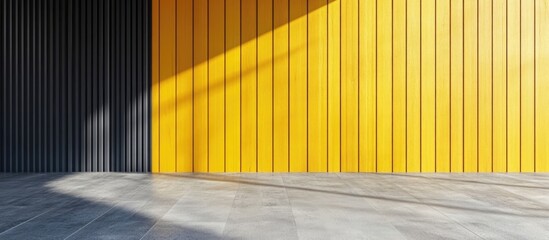 Abstract architectural interior with black and yellow vertical stripes and textured flooring featuring strong light and shadows Copy Space