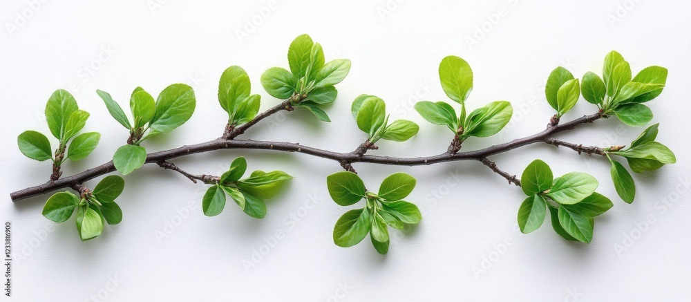 Poster green leafy branch with fresh leaves on white background and copy space for text placement