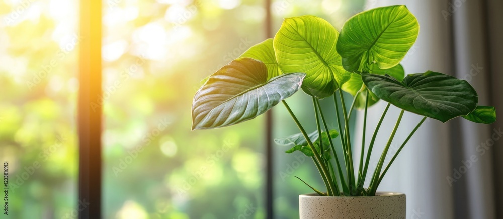 Poster indoor houseplant with large green leaves placed on a windowsill with sunlight filtering through the