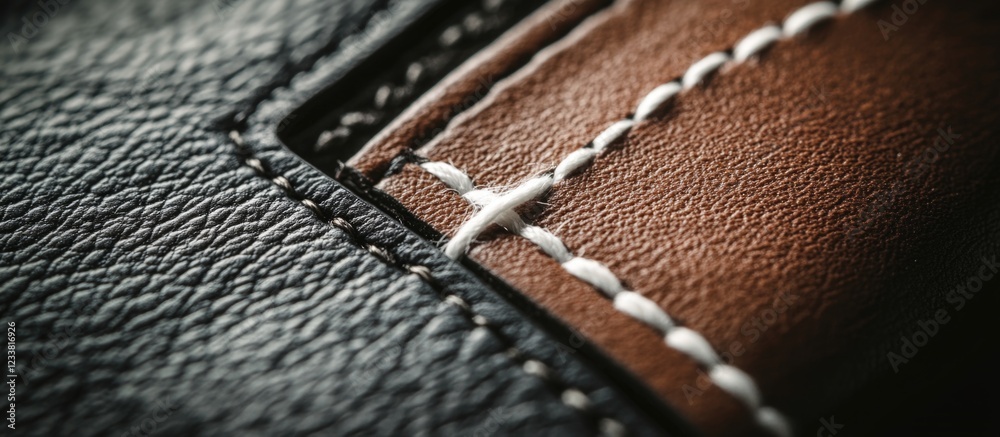 Poster Close-up view of two different leather textures with visible stitching details on a dark and light leather background with Copy Space