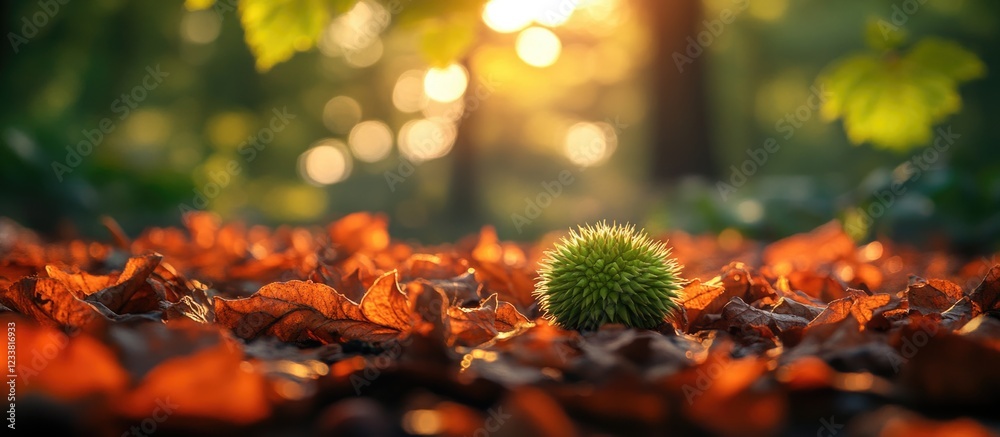 Poster Close-up of a green chestnut burr on colorful autumn leaves in a sunlit forest setting with bokeh background and Copy Space