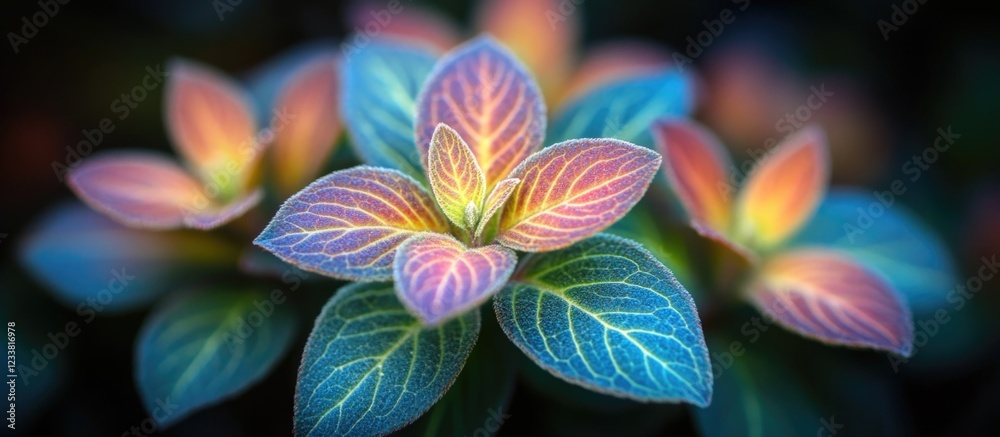 Aufkleber Colorful illuminated leaves with intricate patterns and textures on a dark background Copy Space