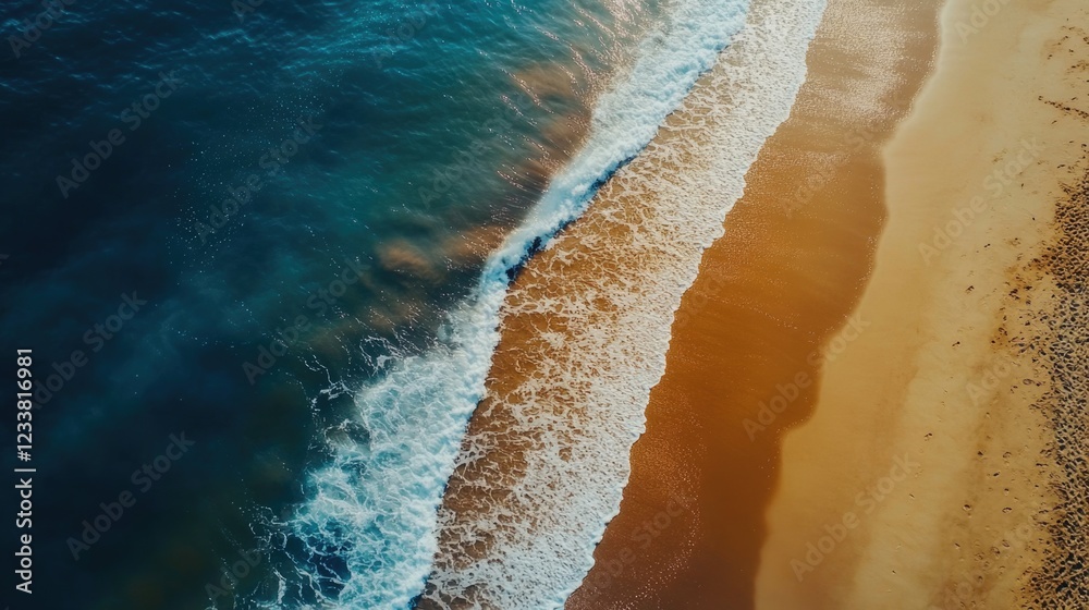 Poster aerial view of a sandy beach with gentle waves lapping at the shore and blue ocean waters copy space