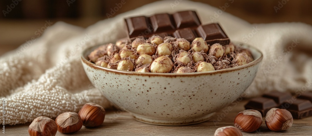 Poster bowl of mixed hazelnuts and dark chocolate pieces on a textured cloth with copy space for text