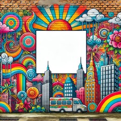 Obraz premium Colorful, whimsical mural featuring a city skyline, a bus, and psychedelic elements. A blank space in the center. 