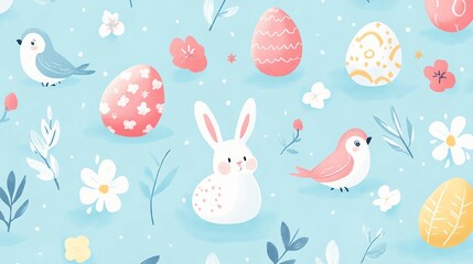 Pastel Easter bunny, birds, eggs, floral spring pattern