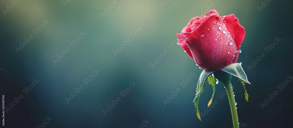 Aufkleber close-up of a red rose with water droplets on petals against a blurred green background copy space