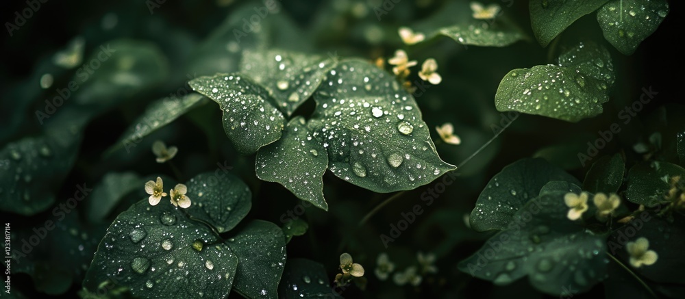 Poster close-up of green leaves with water droplets and small white flowers on a dark background, featuring