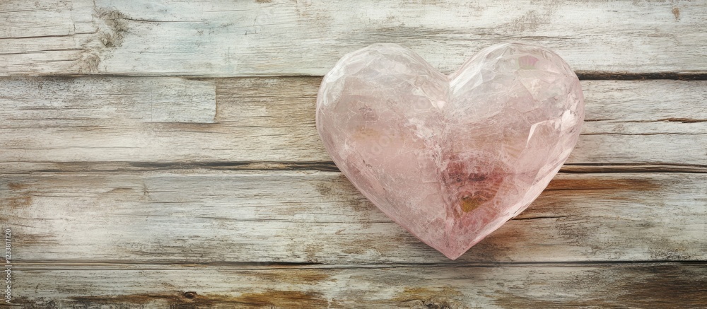 Poster heart-shaped pink crystal on weathered wooden background with copy space for text placement