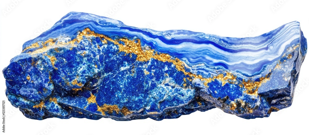 Poster blue and gold mineral stone with layered patterns isolated on white background copy space