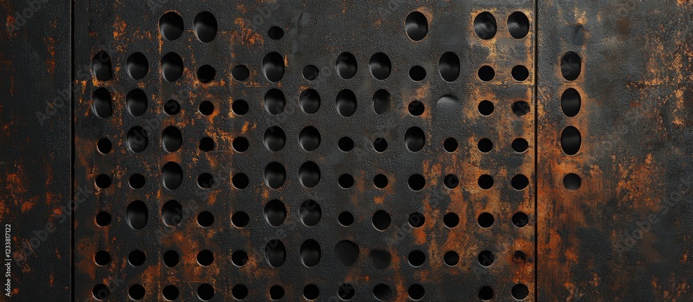 Poster rusty metallic surface with numerous drilled holes and a textured background featuring patina and co
