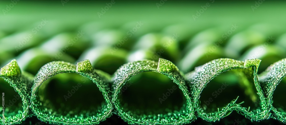 Poster close-up view of rolled green leaves with dew drops on a blurred green background copy space