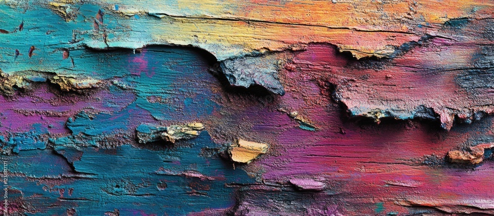 Poster colorful abstract texture of weathered wooden surface with peeling paint and multicolored hues copy 