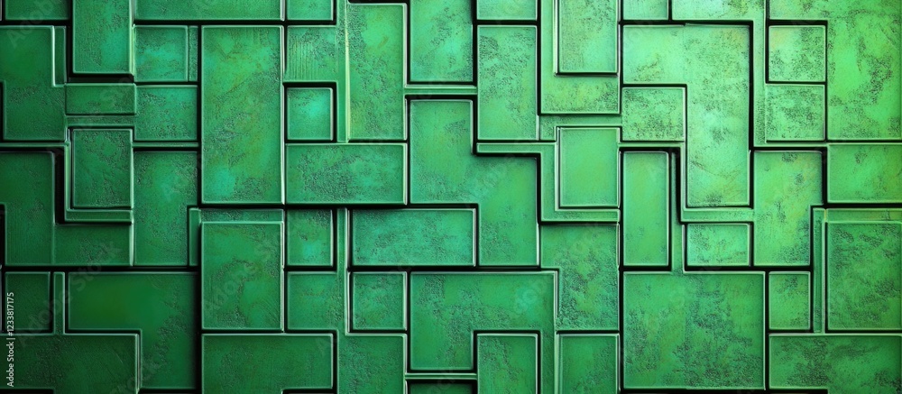 Fototapete Green abstract geometric pattern featuring layered rectangular shapes with a textured surface and copy space for text.