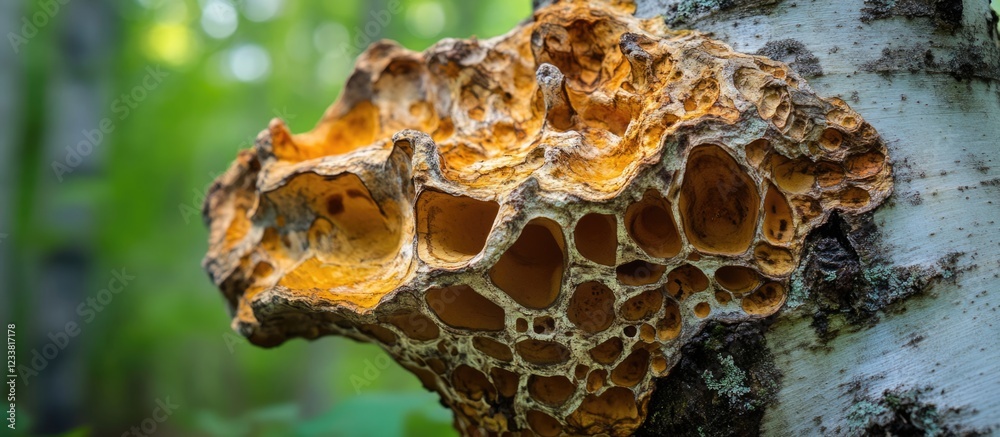 Poster detailed close-up of a honeycomb-like fungus growing on a birch tree trunk in a lush forest setting 