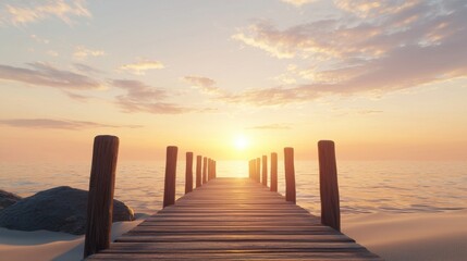 Fototapeta premium A serene wooden pier extends into calm waters, framed by a stunning sunset and gentle clouds, evoking a sense of peace and tranquility.