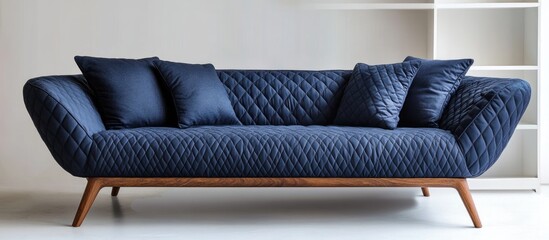 Modern navy blue quilted sofa with wooden legs and decorative cushions against a light-colored wall Copy Space