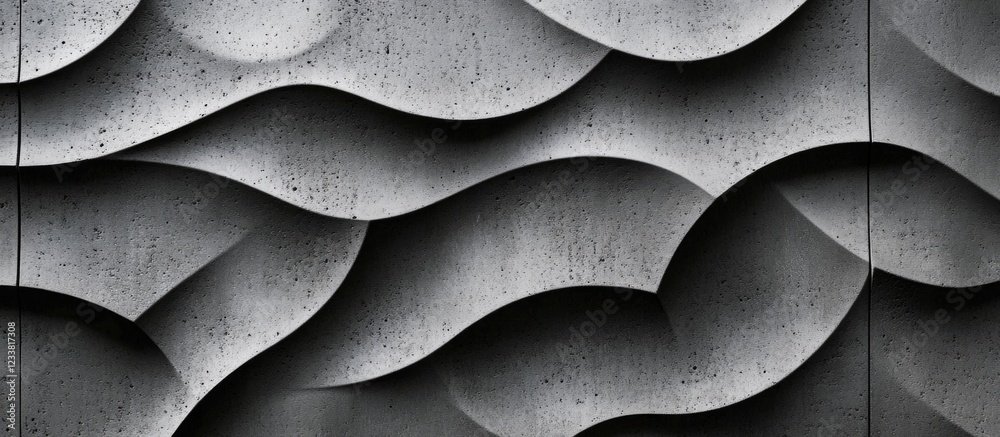 Poster Textured concrete wall with wave patterns in grayscale design, suitable for architectural backgrounds, Copy Space available.