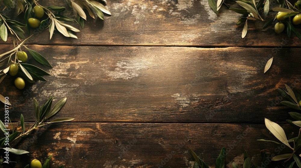 Aufkleber olive branches and green olives arranged on rustic wooden background with copy space for text placem