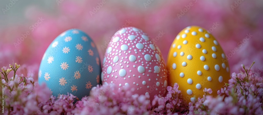 Poster three decorated easter eggs in pastel colors surrounded by pink flowers with copy space for text ins