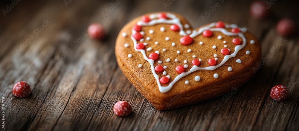 Poster heart-shaped gingerbread cookie decorated with icing and small colorful candies on a wooden surface 